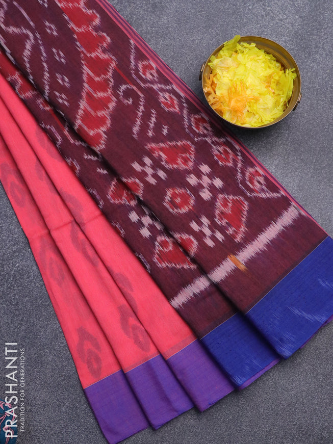 Bengal soft cotton saree peach shade and blue with allover ikat butta weaves and simple border