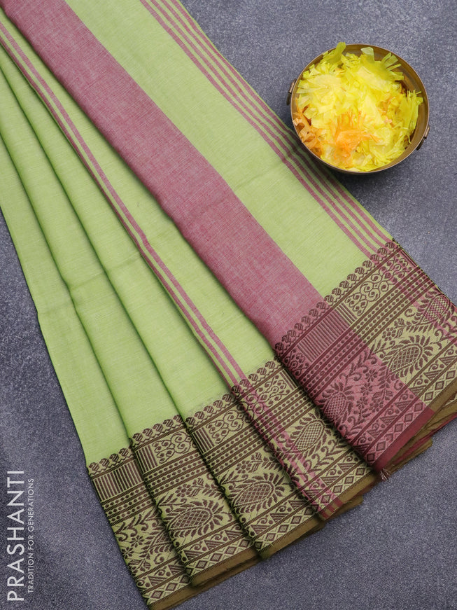 Bengal soft cotton saree light green and maroon with plain body and thread woven border