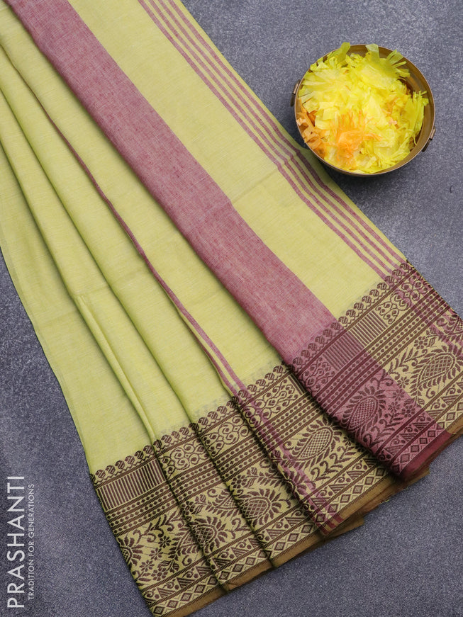 Bengal soft cotton saree lime yellow and wine shade with plain body and thread woven border