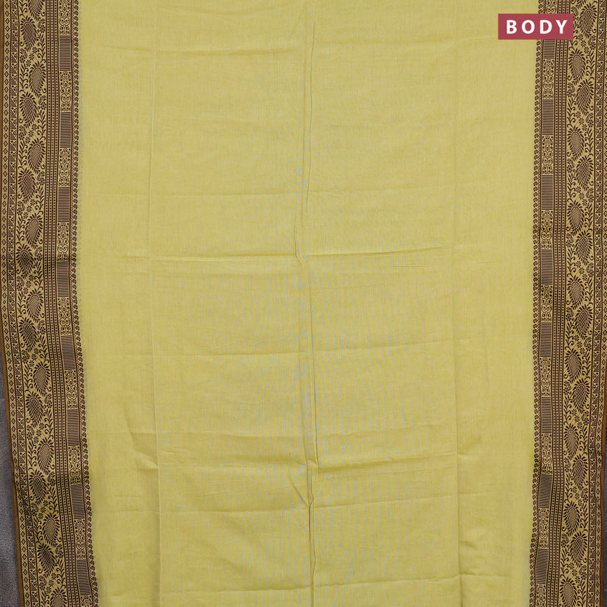 Bengal soft cotton saree lime yellow and wine shade with plain body and thread woven border