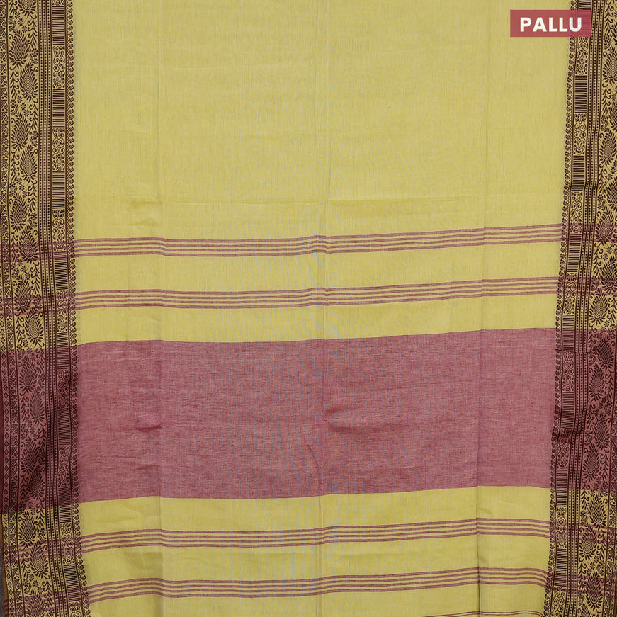 Bengal soft cotton saree lime yellow and wine shade with plain body and thread woven border