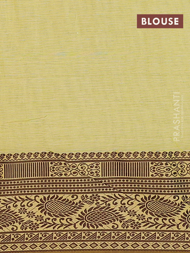 Bengal soft cotton saree lime yellow and wine shade with plain body and thread woven border