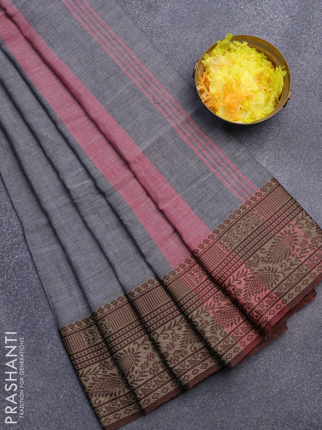 Bengal soft cotton saree grey and pink with plain body and thread woven border