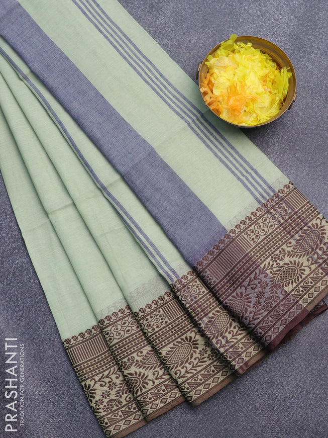 Bengal soft cotton saree pista green and blue with plain body and thread woven border