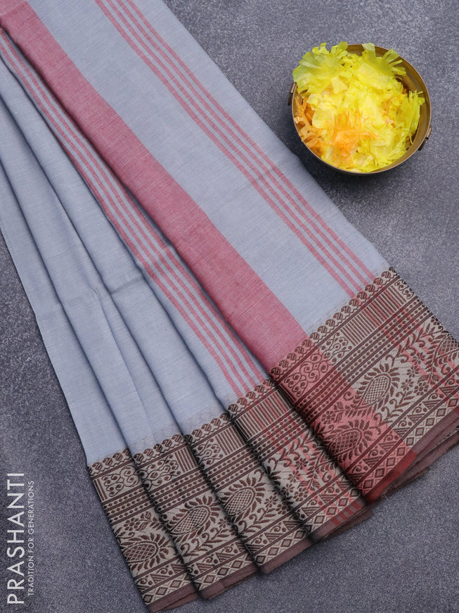 Bengal soft cotton saree grey and maroon with plain body and thread woven border