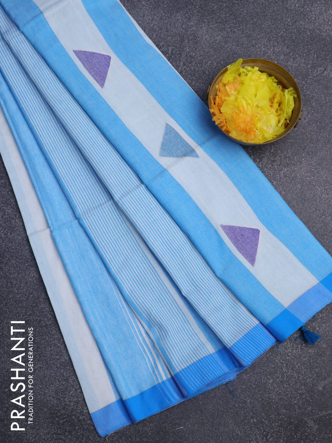 Bengal soft cotton saree off white and blue with allover stripe pattern and simple border