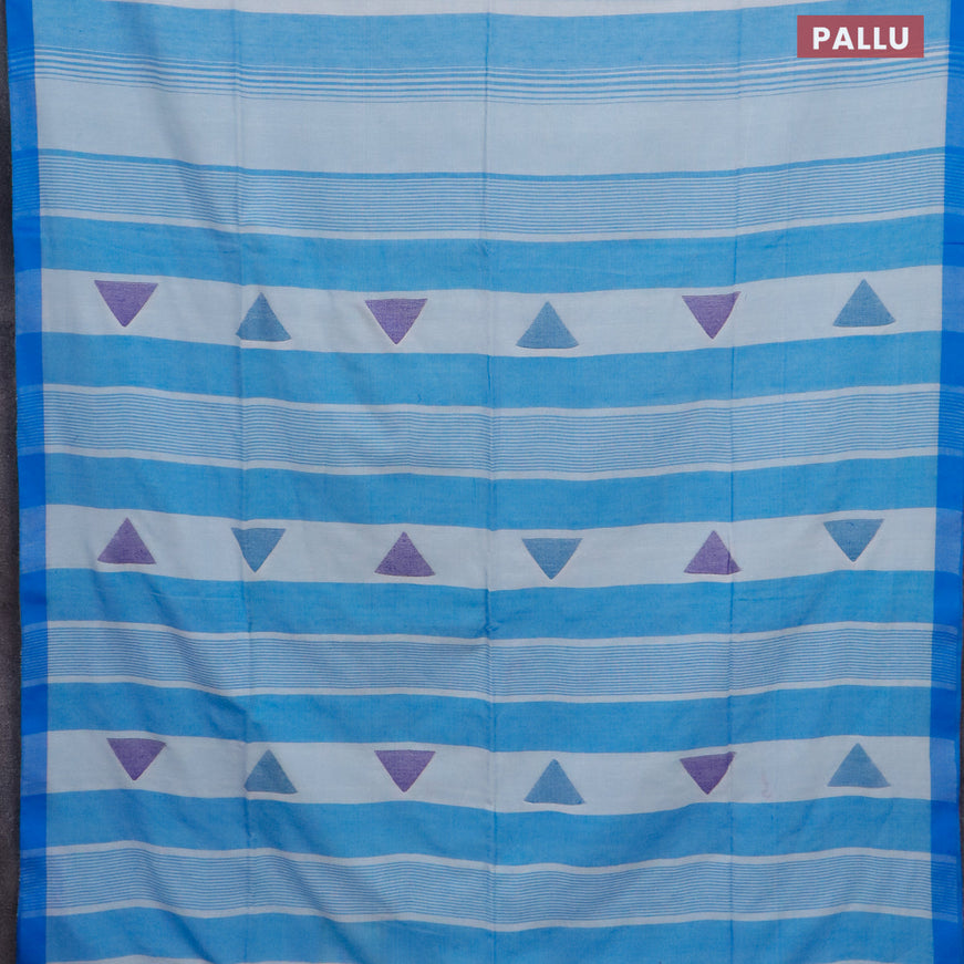 Bengal soft cotton saree off white and blue with allover stripe pattern and simple border