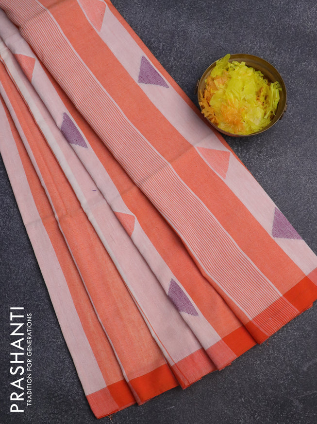 Bengal soft cotton saree off white and orange with allover stripe pattern and simple border