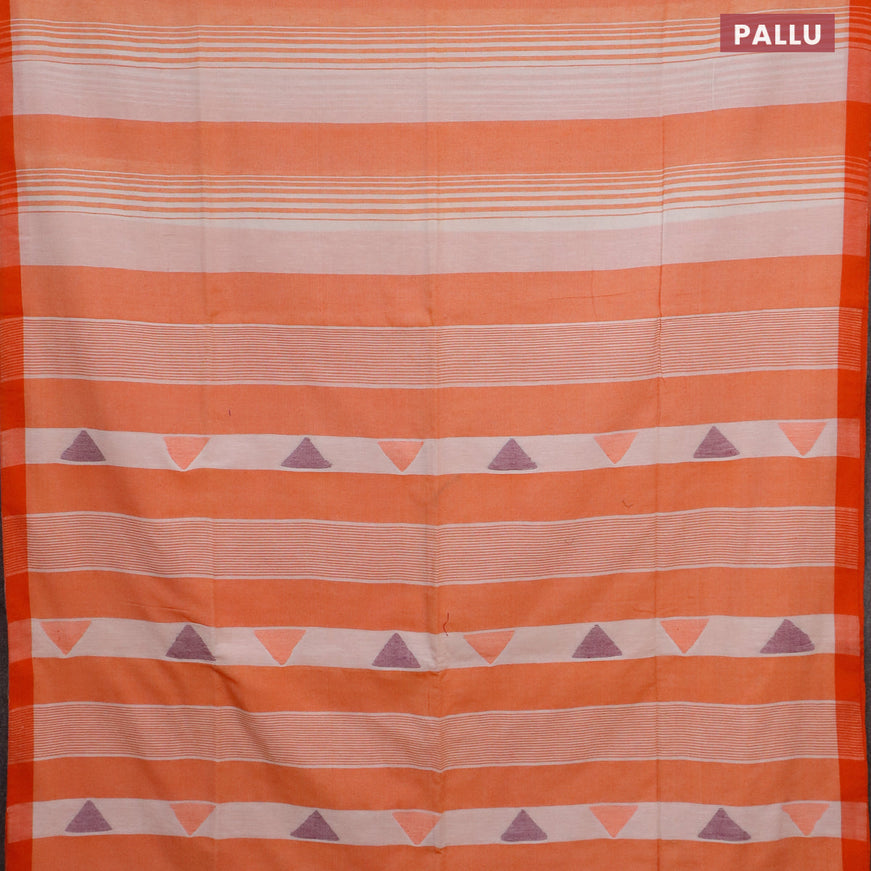 Bengal soft cotton saree off white and orange with allover stripe pattern and simple border