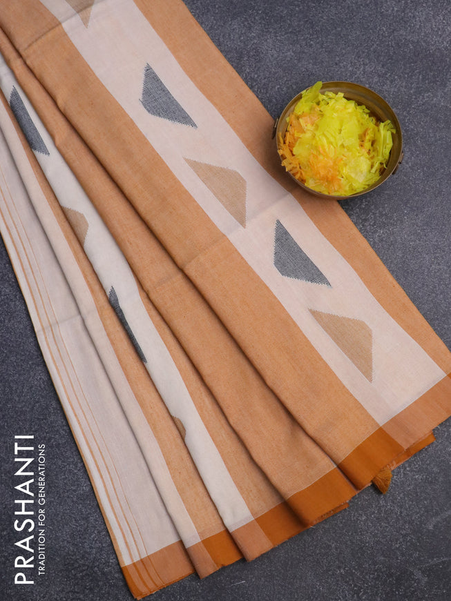 Bengal soft cotton saree off white and dark mustard with allover stripe pattern and simple border