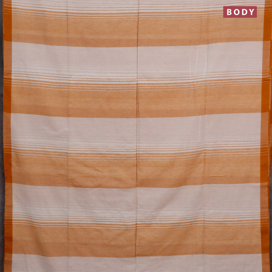 Bengal soft cotton saree off white and dark mustard with allover stripe pattern and simple border