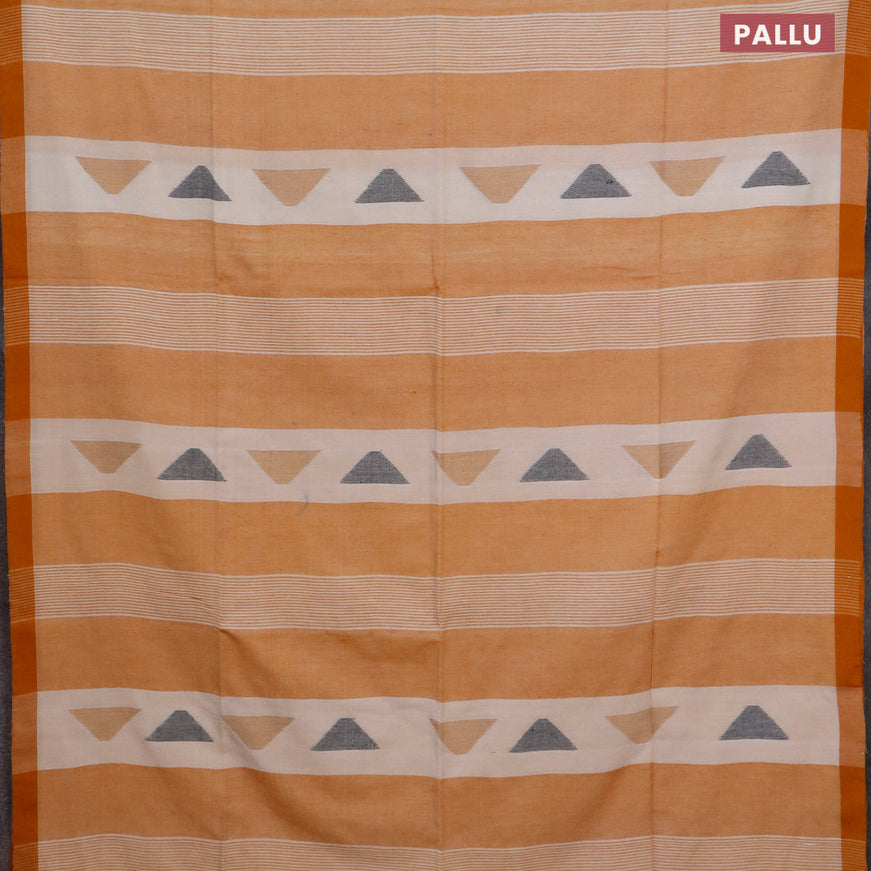 Bengal soft cotton saree off white and dark mustard with allover stripe pattern and simple border