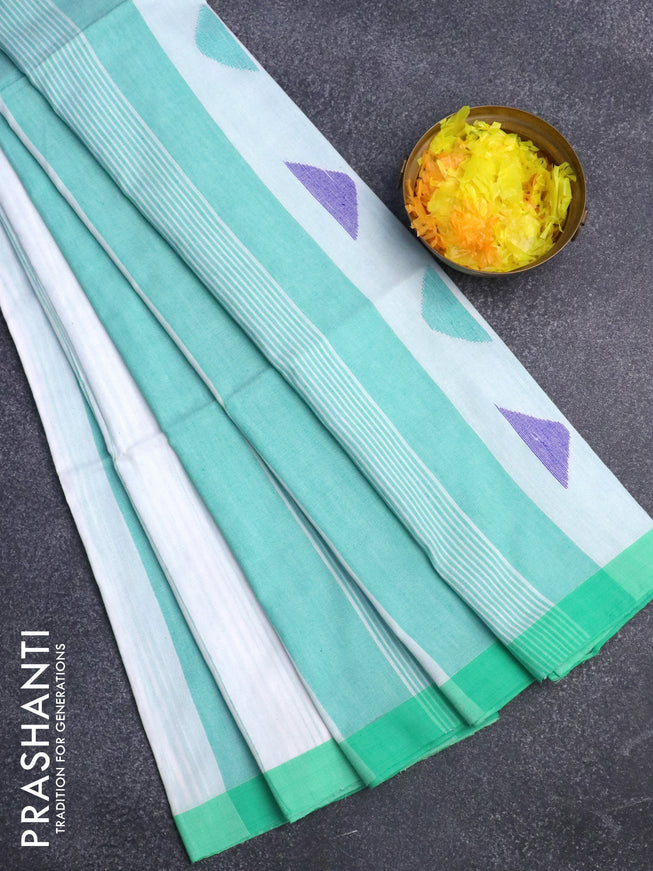 Bengal soft cotton saree off white and teal blue with allover stripe pattern and simple border