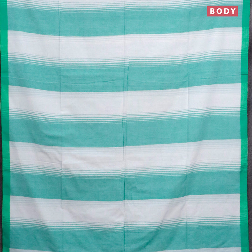 Bengal soft cotton saree off white and teal blue with allover stripe pattern and simple border