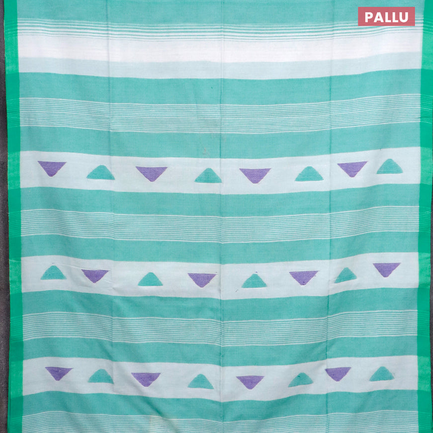 Bengal soft cotton saree off white and teal blue with allover stripe pattern and simple border