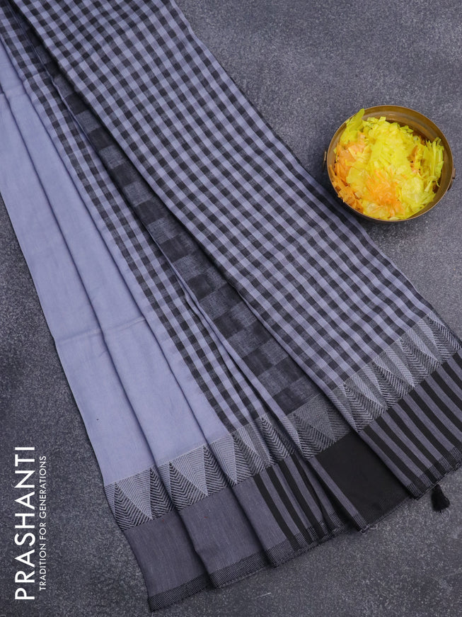 Bengal soft cotton saree grey shade and black with plain body and temple design simple border