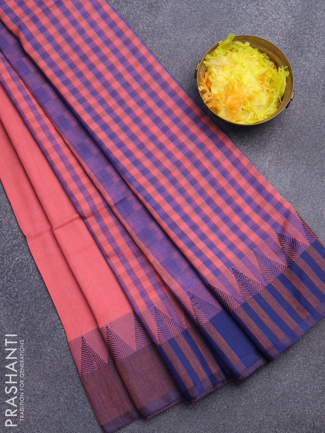 Bengal soft cotton saree peach pink and blue with plain body and temple design simple border