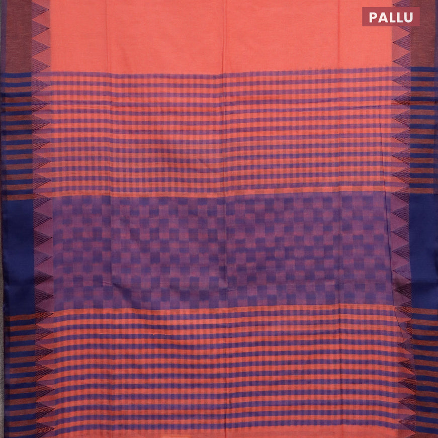 Bengal soft cotton saree peach pink and blue with plain body and temple design simple border