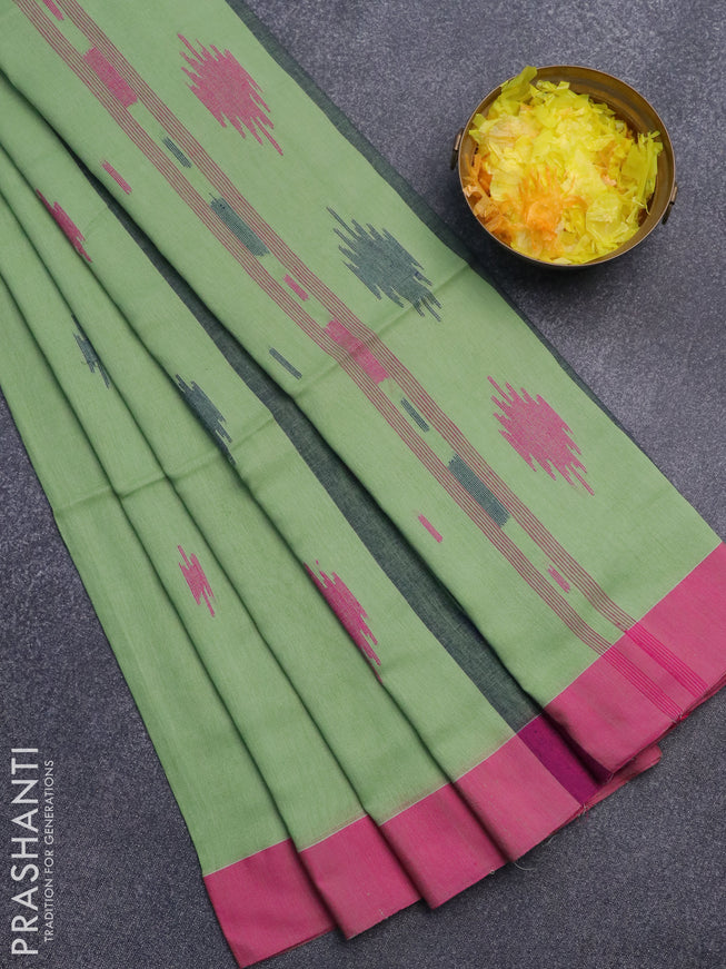 Bengal soft cotton saree green shade and pink with thread woven buttas and simple border