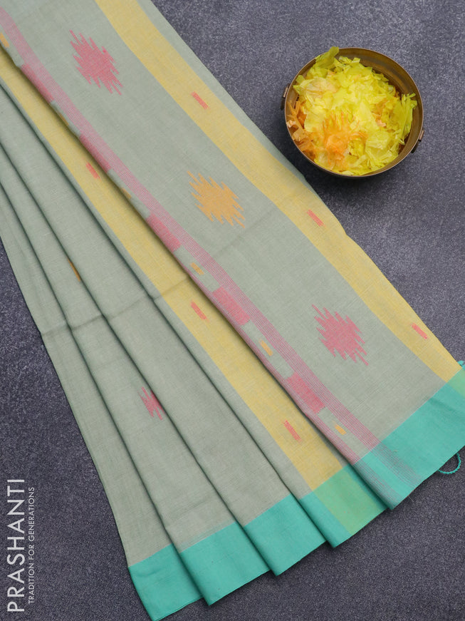 Bengal soft cotton saree pastel green and teal green shade with thread woven buttas and simple border