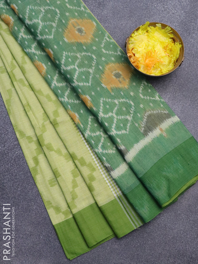 Bengal soft cotton saree pista green and light green with allover ikat weaves and simple border