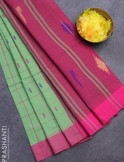 Bengal soft cotton saree green shade and pink with allover checked pattern & thread buttas and simple border