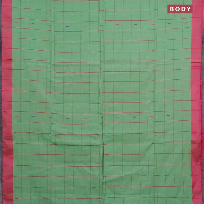 Bengal soft cotton saree green shade and pink with allover checked pattern & thread buttas and simple border