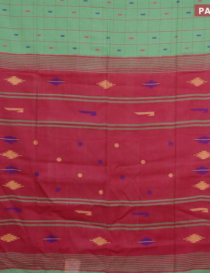 Bengal soft cotton saree green shade and pink with allover checked pattern & thread buttas and simple border