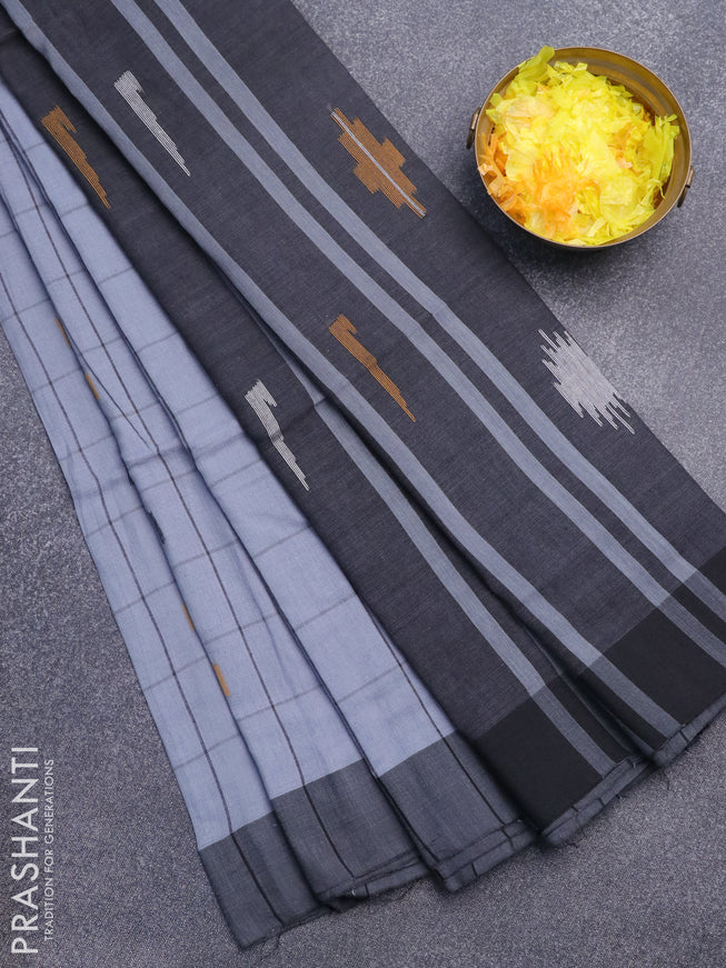 Bengal soft cotton saree grey and black with allover checked pattern & thread buttas and simple border