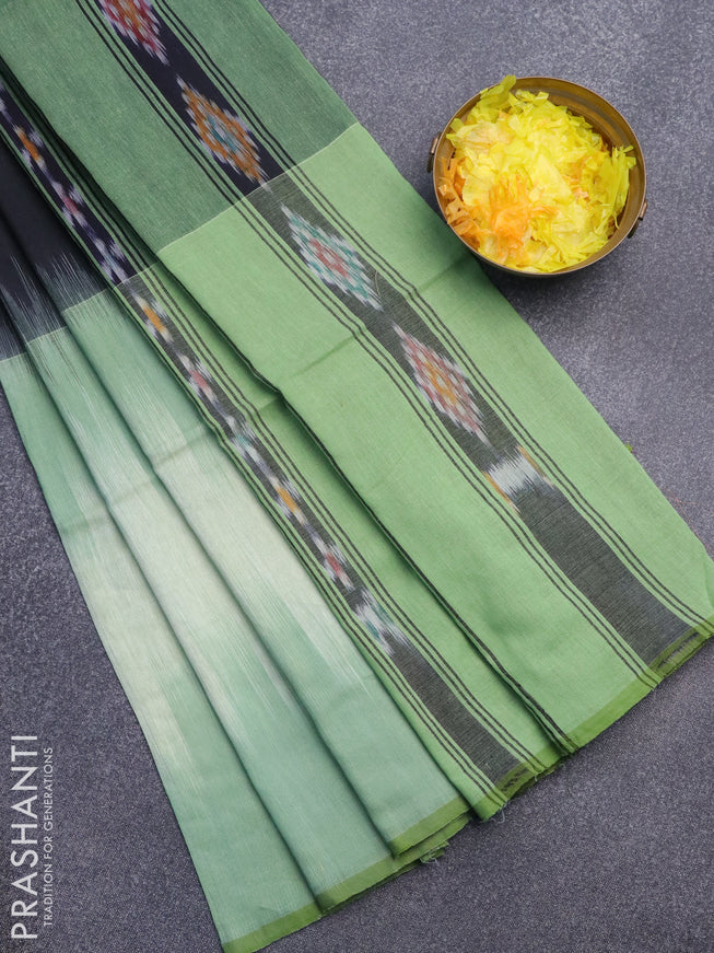 Bengal soft cotton saree green shade with allover ikat weaves and ikat woven border