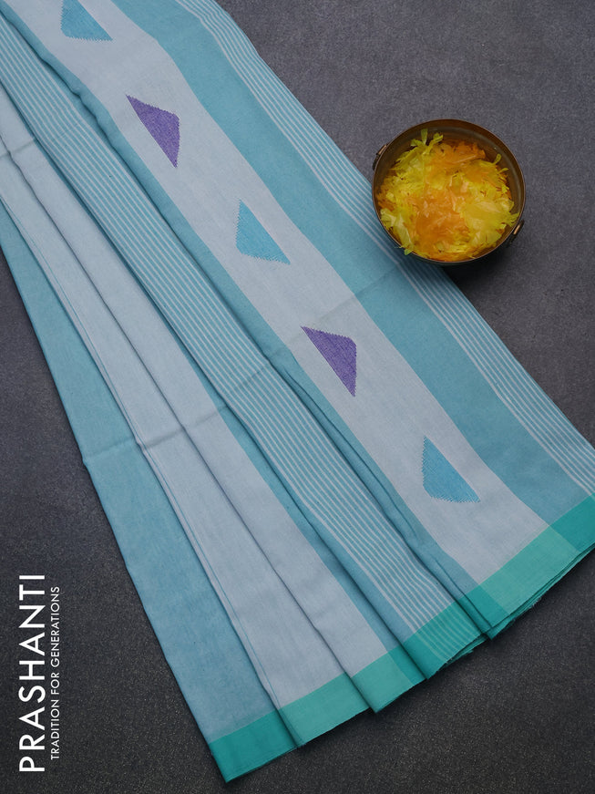 Bengal soft cotton saree teal blue and off white with thread woven buttas and simple border