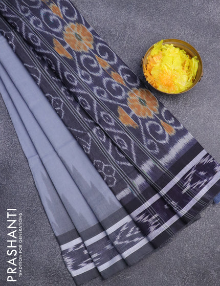 Bengal soft cotton saree grey shade and dark blue with plain body and temple design simple border