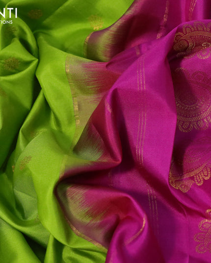 Pure gadwal silk saree lime green and magenta pink with zari woven buttas and temple design zari woven border