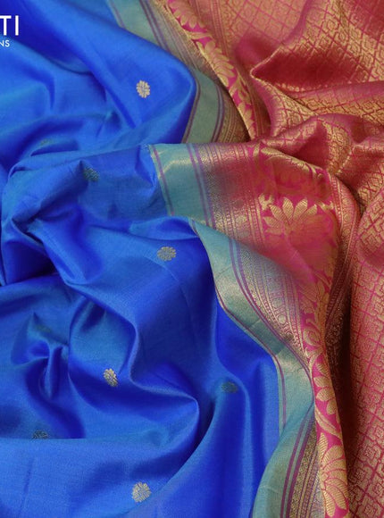 Pure gadwal silk saree blue shade and pink with allover zari woven buttas and temple design zari woven floral border