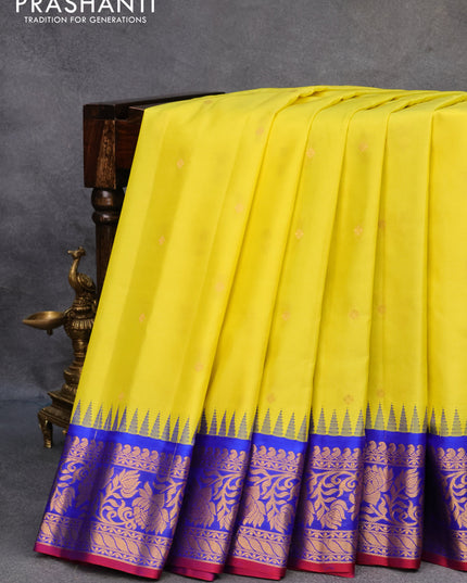 Pure gadwal silk saree lime yellow and blue with zari woven buttas and temple design floral zari woven border