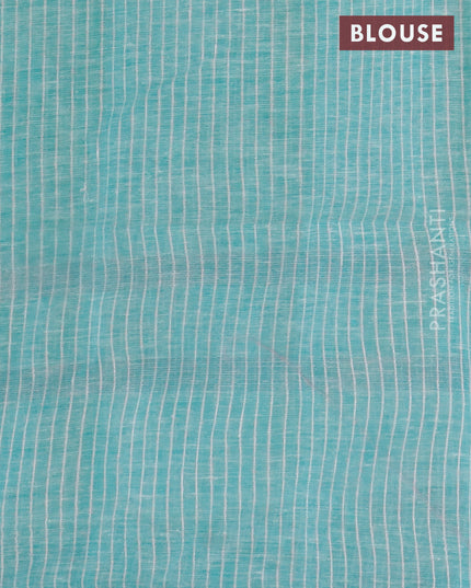Pure linen saree teal green with plain body and silver zari woven piping border