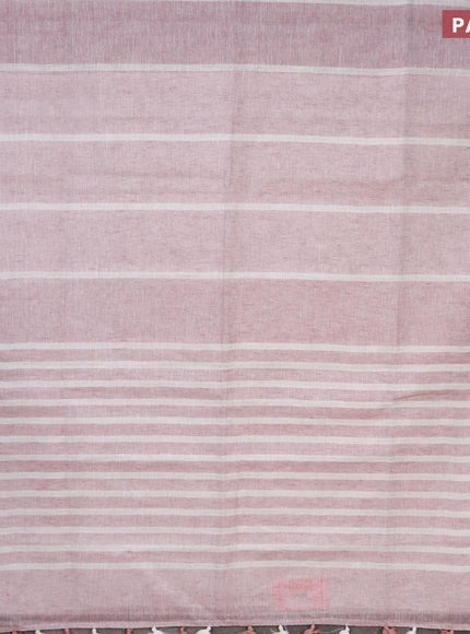 Pure linen saree pastel pink and off white with silver zari stripe pattern and silver zari woven piping border