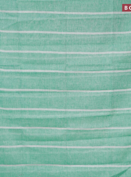 Pure linen saree teal green and off white with silver zari stripe pattern and silver zari woven piping border