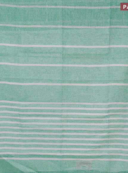 Pure linen saree teal green and off white with silver zari stripe pattern and silver zari woven piping border