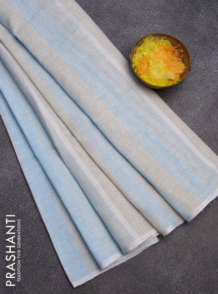 Pure linen saree grey and light blue with allover stripe pattern and silver zari woven piping border