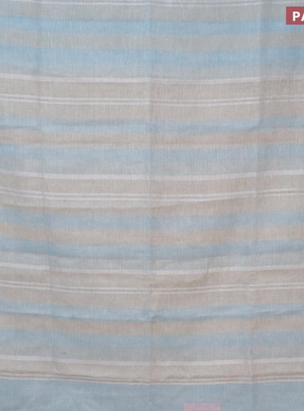 Pure linen saree grey and light blue with allover stripe pattern and silver zari woven piping border