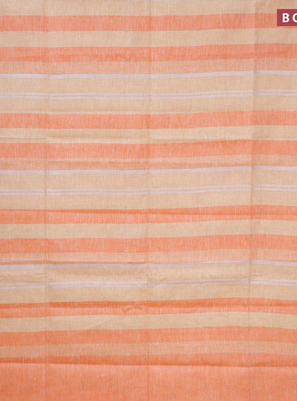 Pure linen saree pale yellow and orange with allover stripe pattern and silver zari woven piping border