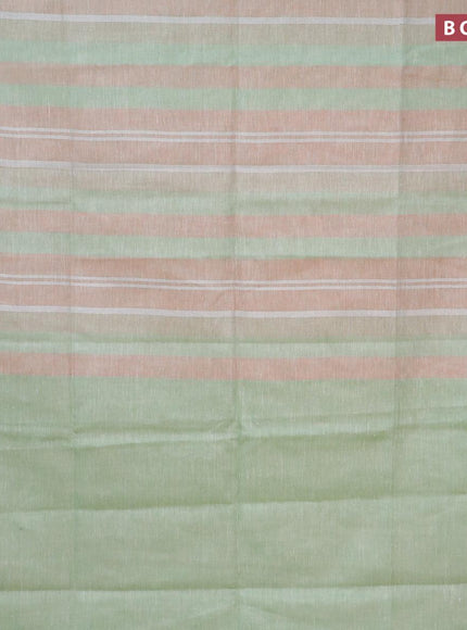 Pure linen saree pista green and pastel peach with allover stripe pattern and silver zari woven piping border