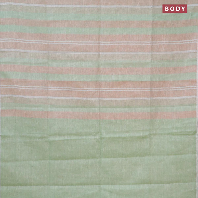 Pure linen saree pista green and pastel peach with allover stripe pattern and silver zari woven piping border