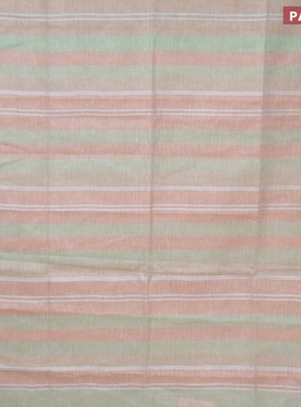 Pure linen saree pista green and pastel peach with allover stripe pattern and silver zari woven piping border