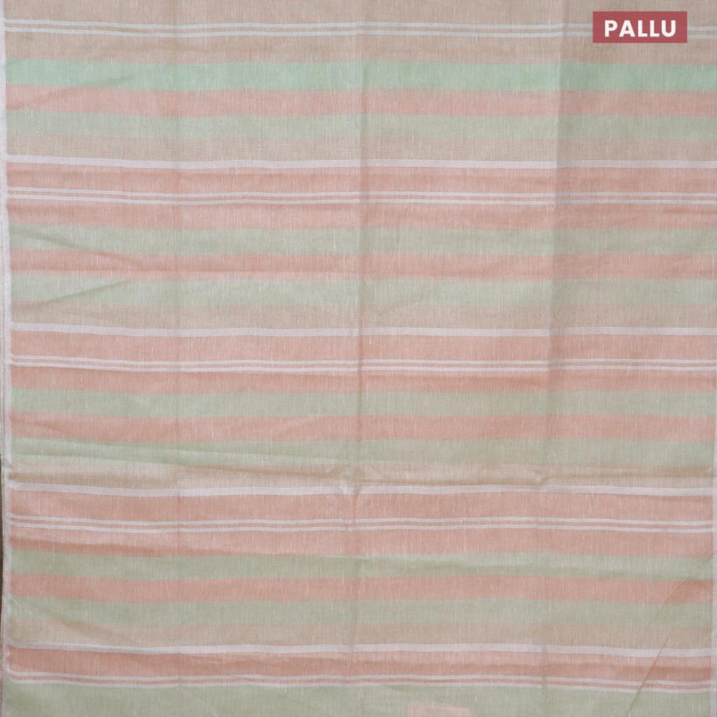 Pure linen saree pista green and pastel peach with allover stripe pattern and silver zari woven piping border