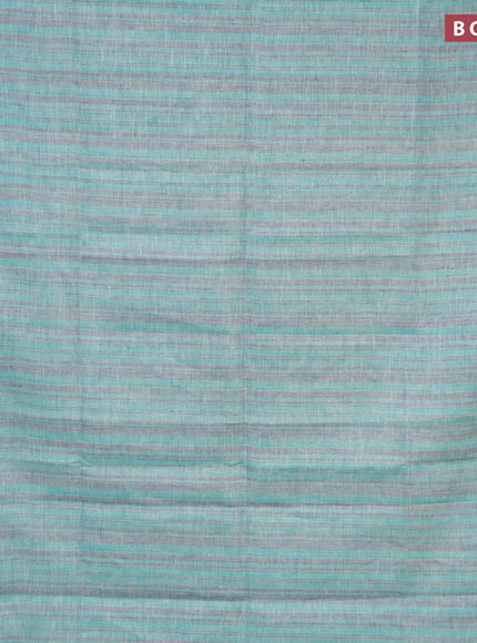 Pure linen saree teal green grey and off white with allover stripe pattern and silver zari woven piping border