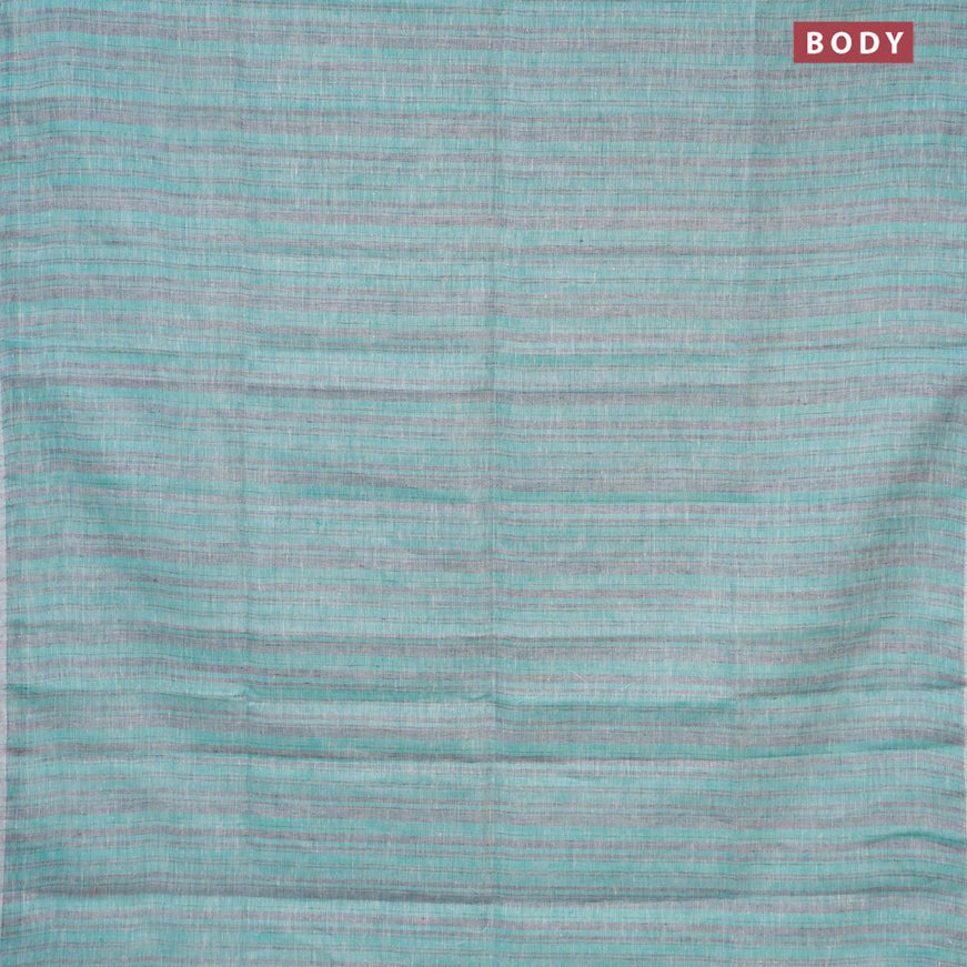 Pure linen saree teal green grey and off white with allover stripe pattern and silver zari woven piping border