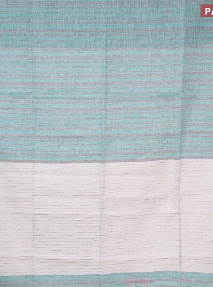 Pure linen saree teal green grey and off white with allover stripe pattern and silver zari woven piping border