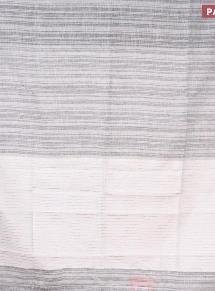 Pure linen saree black and off white with allover stripe pattern and silver zari woven piping border